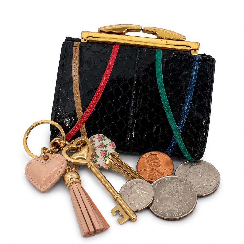 Bosca Vintage Whip Snake Skin Black Trifold Wallet Multi Color Kiss‎ Lock Coin